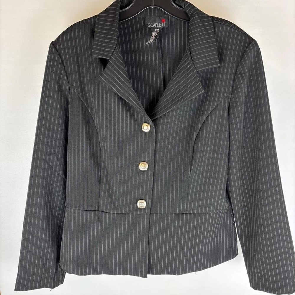 Scarlett black pinstripe 3 piece set that includes: a blazar, pants, and a skirt